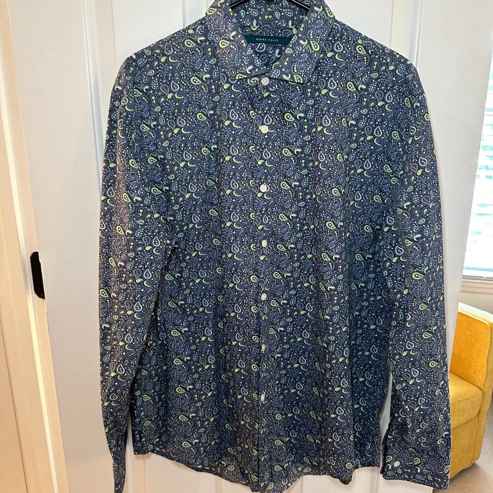 Perry Ellis Blue and Green Paisley Button Down Dress Shirt